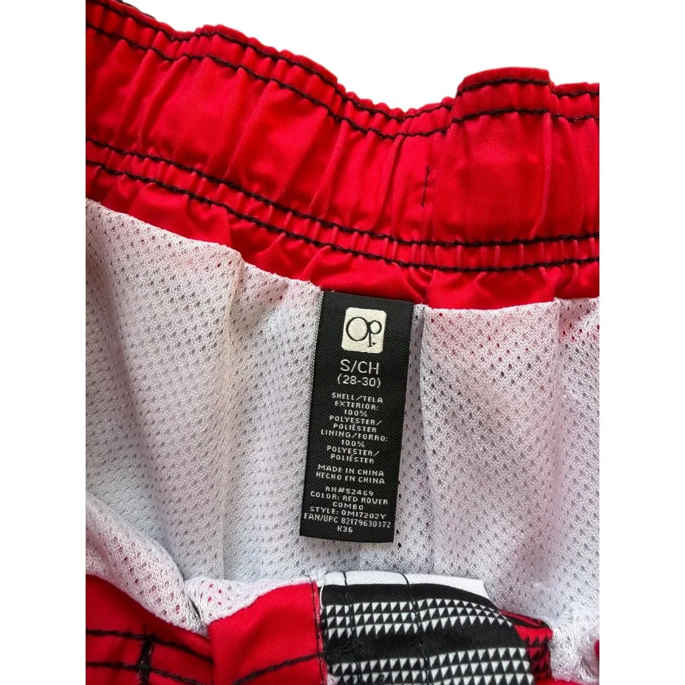 OP Board Shorts Red Black Striped Good Mesh Lined Swim Trunks Mens Size Small 28